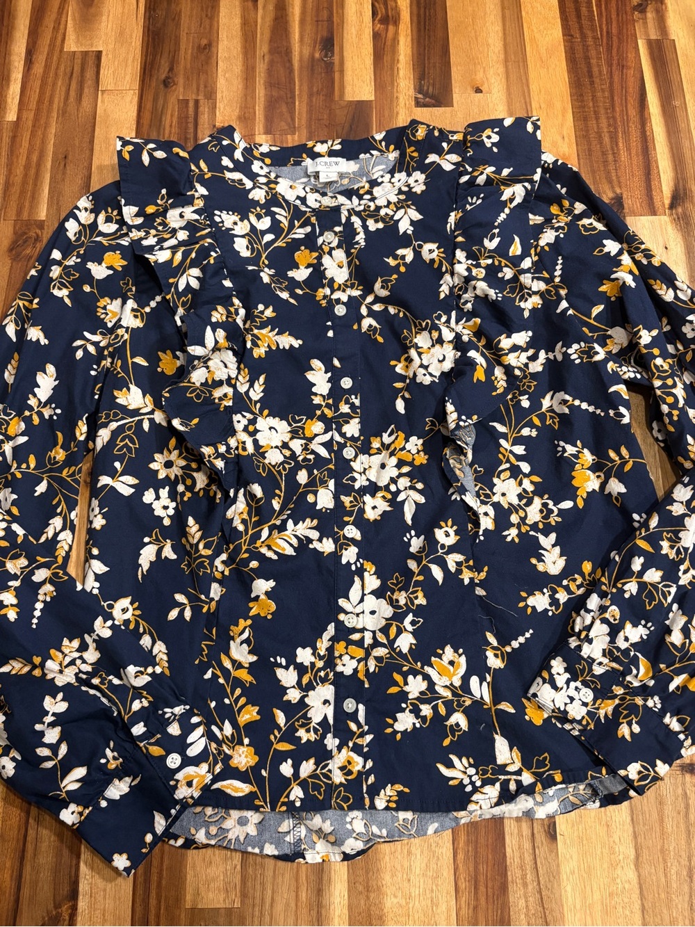 J. Crew Navy Floral Ruffle-Trim Blouse